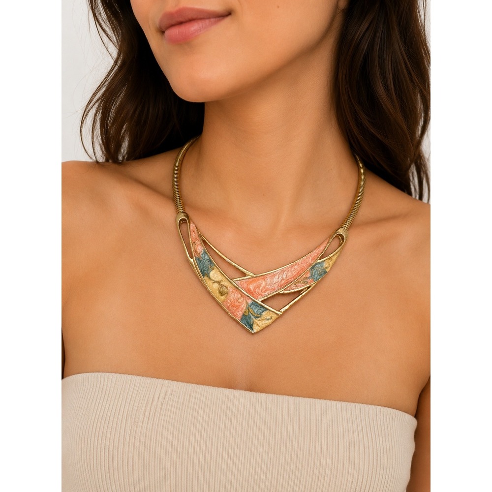 Vintage Gold Tone Enamel Collar Necklace Pink Blue Floral Statement Choker‎